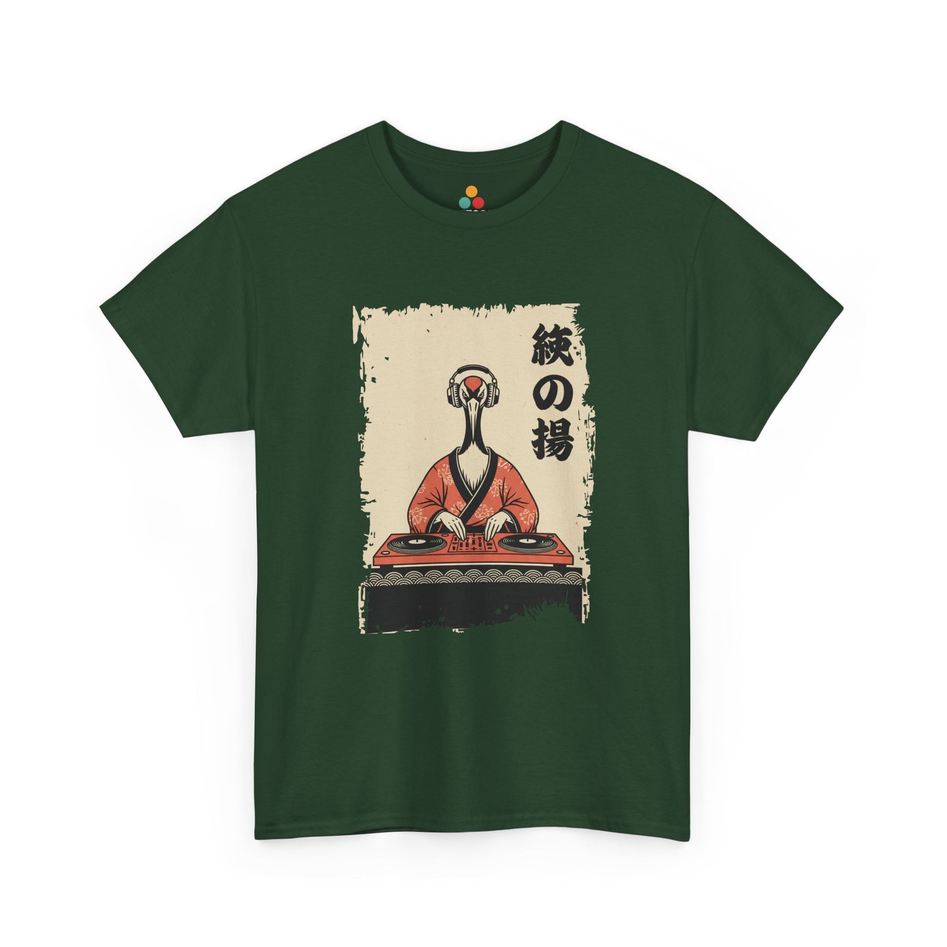 DJ Crane graphic Green tee  shirt featuring a red-crowned crane in kimono spinning vinyl records 

