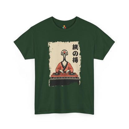 DJ Crane graphic Green tee  shirt featuring a red-crowned crane in kimono spinning vinyl records 


