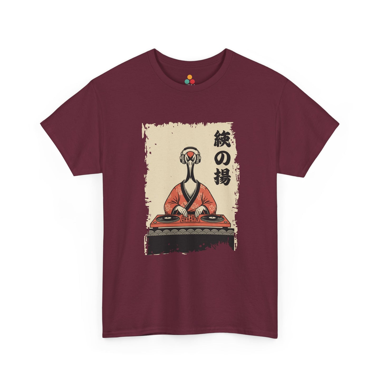 DJ Crane graphic Maroon tee featuring a red-crowned crane in kimono spinning vinyl records 

