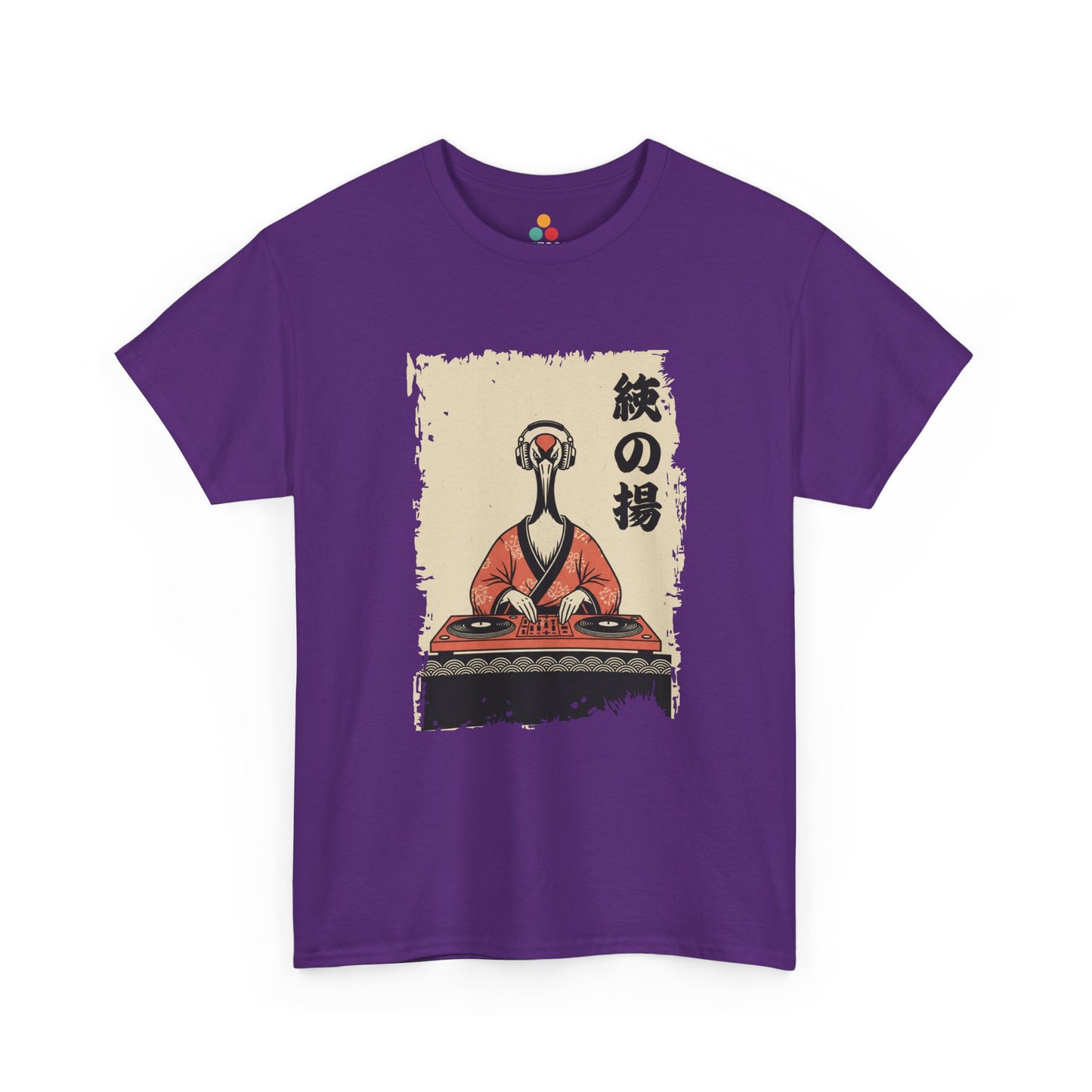 DJ Crane graphic Purple tee  shirt featuring a red-crowned crane in kimono spinning vinyl records 

