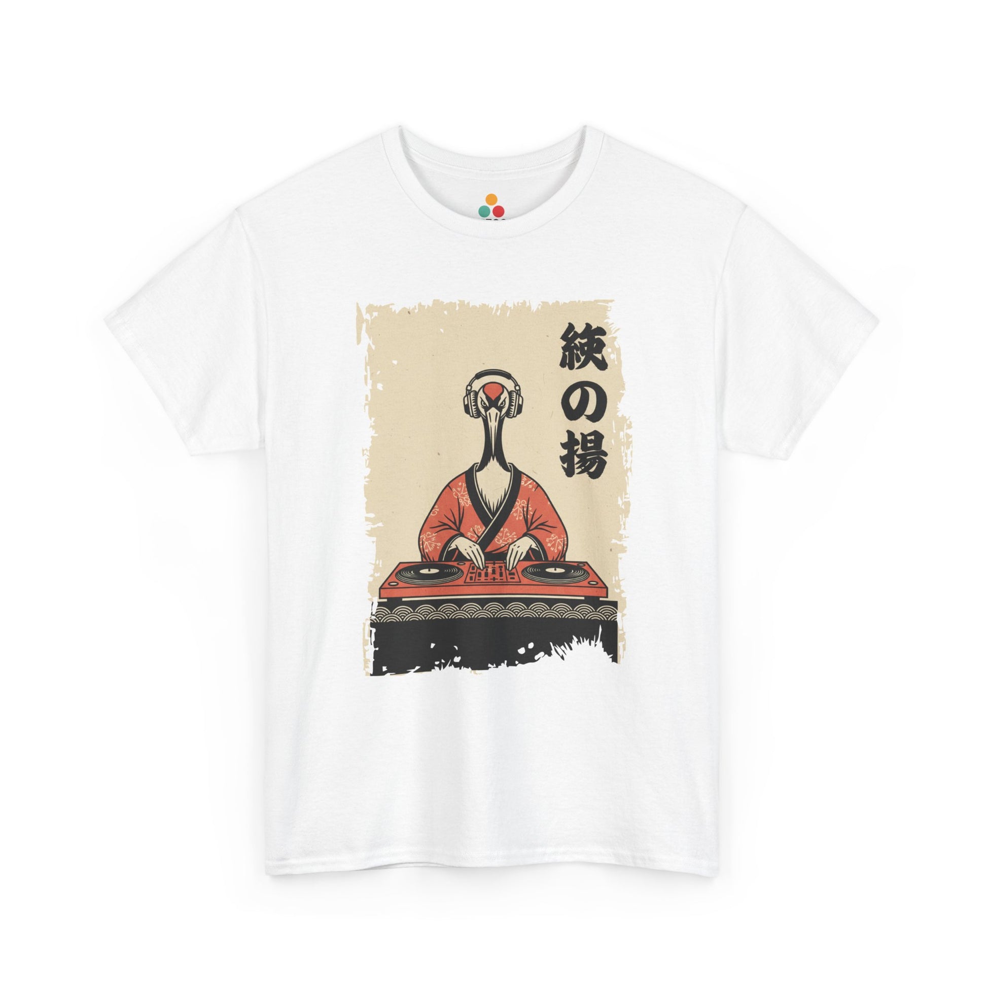 DJ Crane graphic White tee featuring a red-crowned crane in kimono spinning vinyl records 

