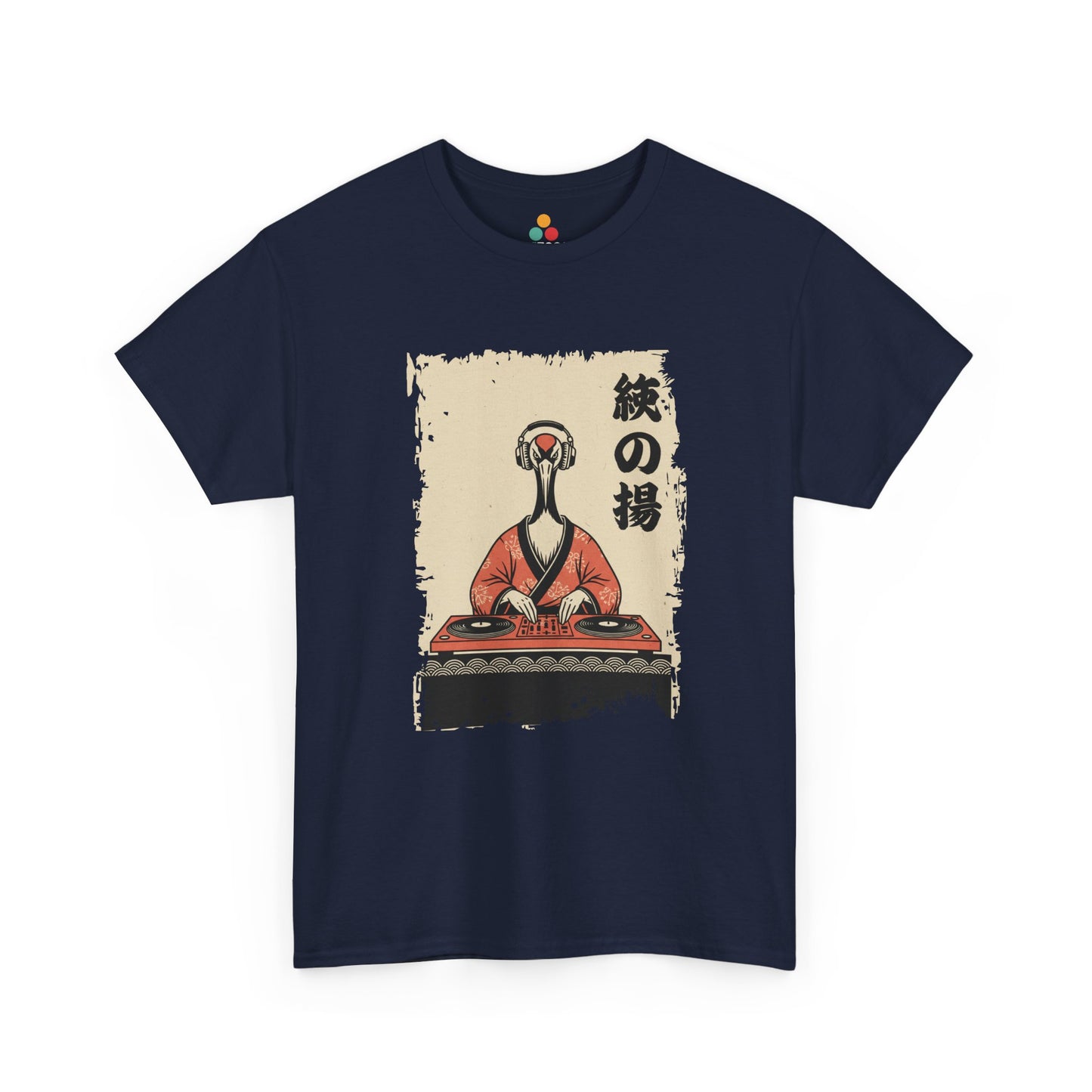 DJ Crane graphic navy blue tee  shirt featuring a red-crowned crane in kimono spinning vinyl records 

