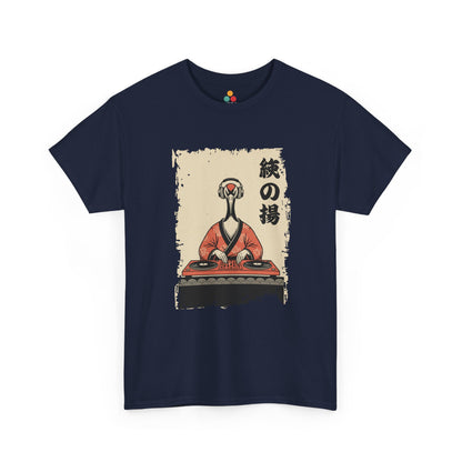 DJ Crane graphic navy blue tee  shirt featuring a red-crowned crane in kimono spinning vinyl records 

