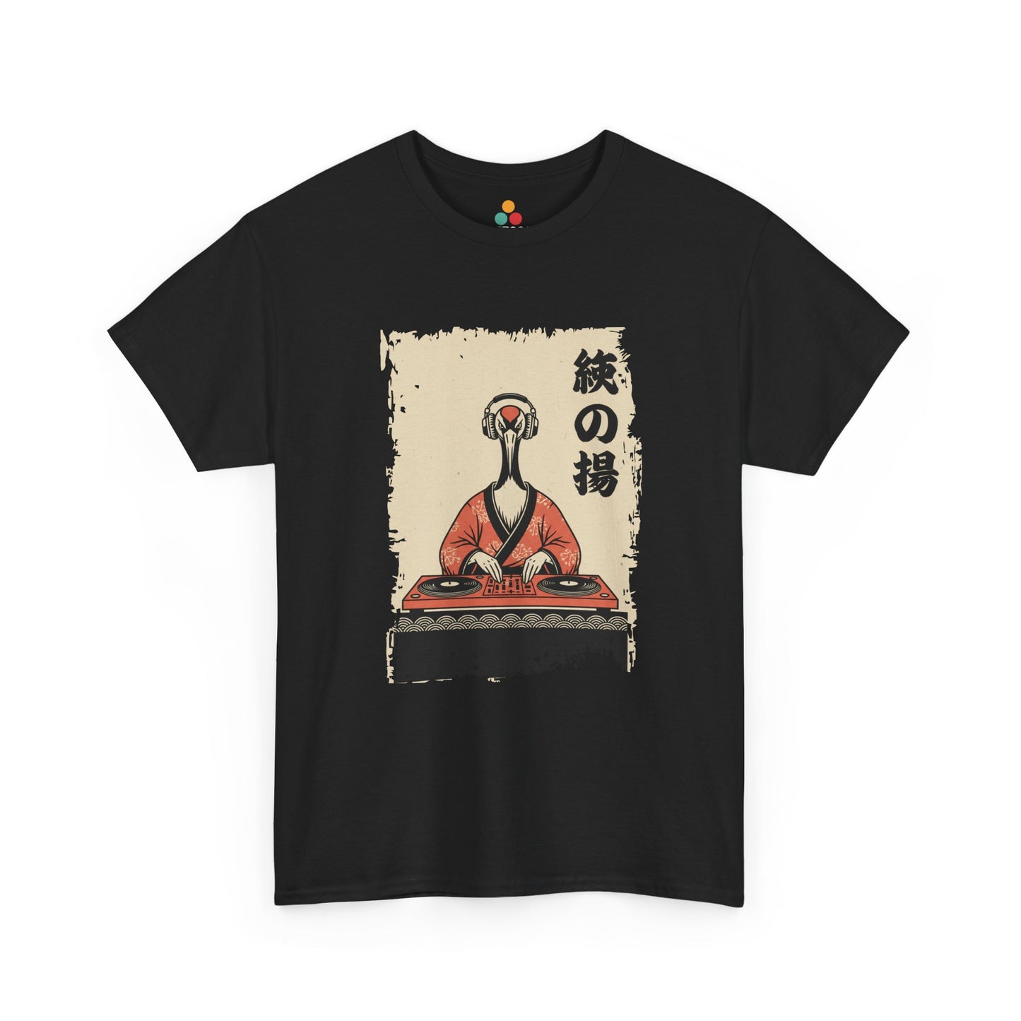 DJ Crane graphic tee featuring a red-crowned crane in kimono spinning vinyl records.​

