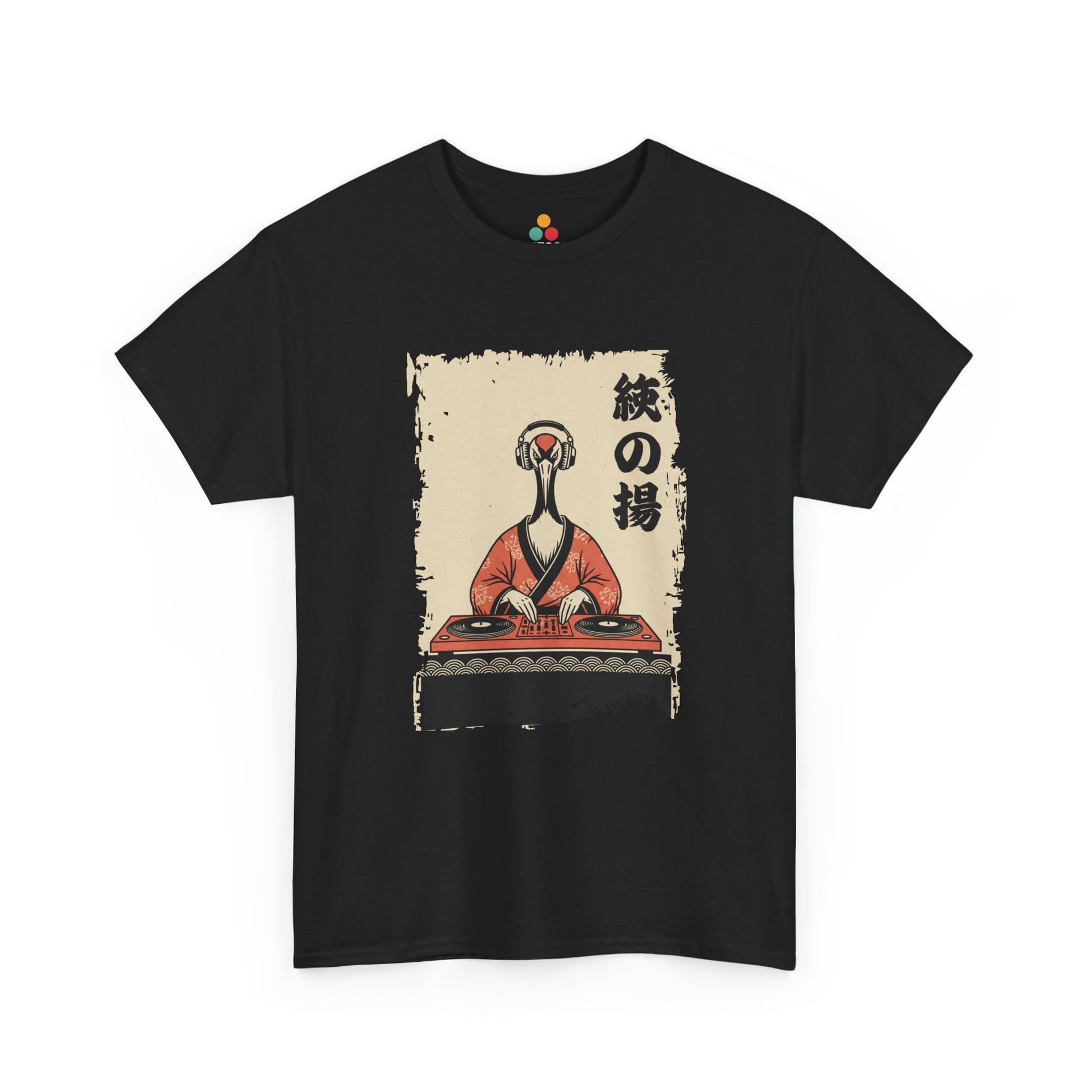 DJ Crane graphic tee featuring a red-crowned crane in kimono spinning vinyl records.​

