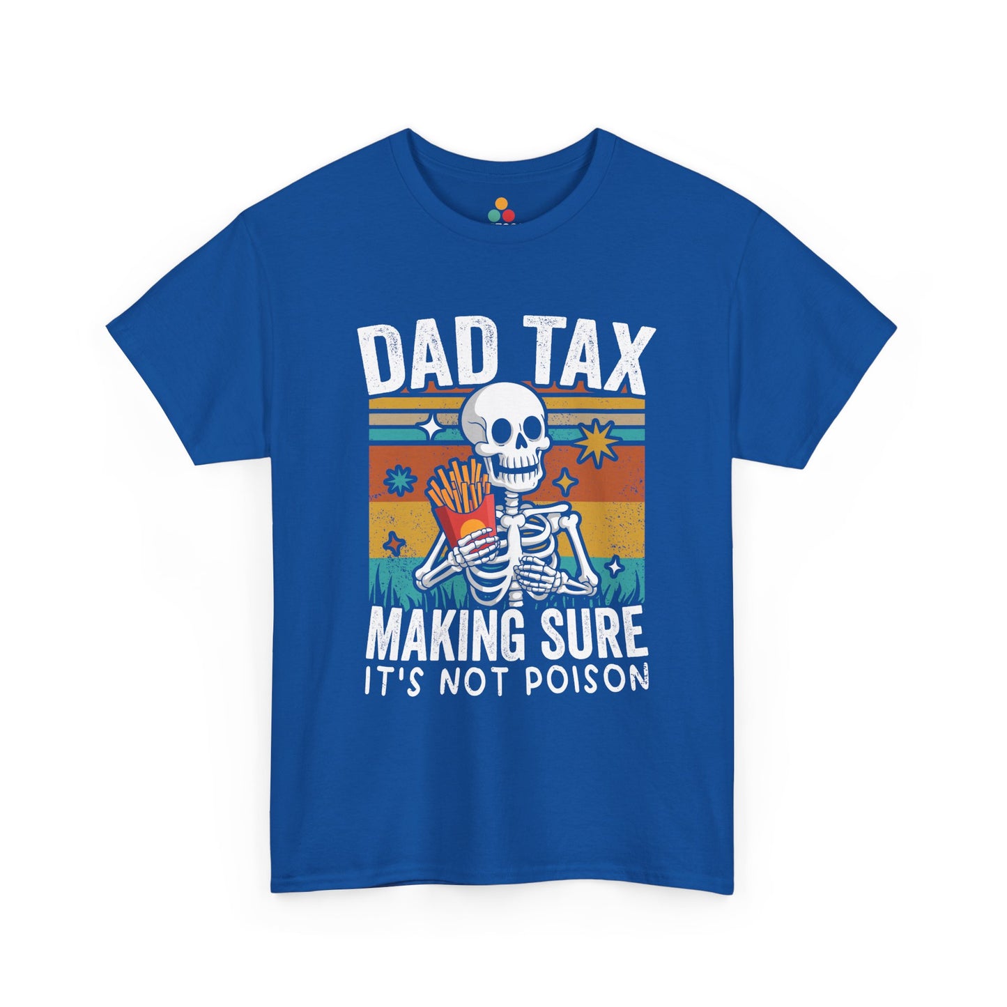 "Dad Tax skeleton retro sunset graphic on royal blue t-shirt, front view"​​
