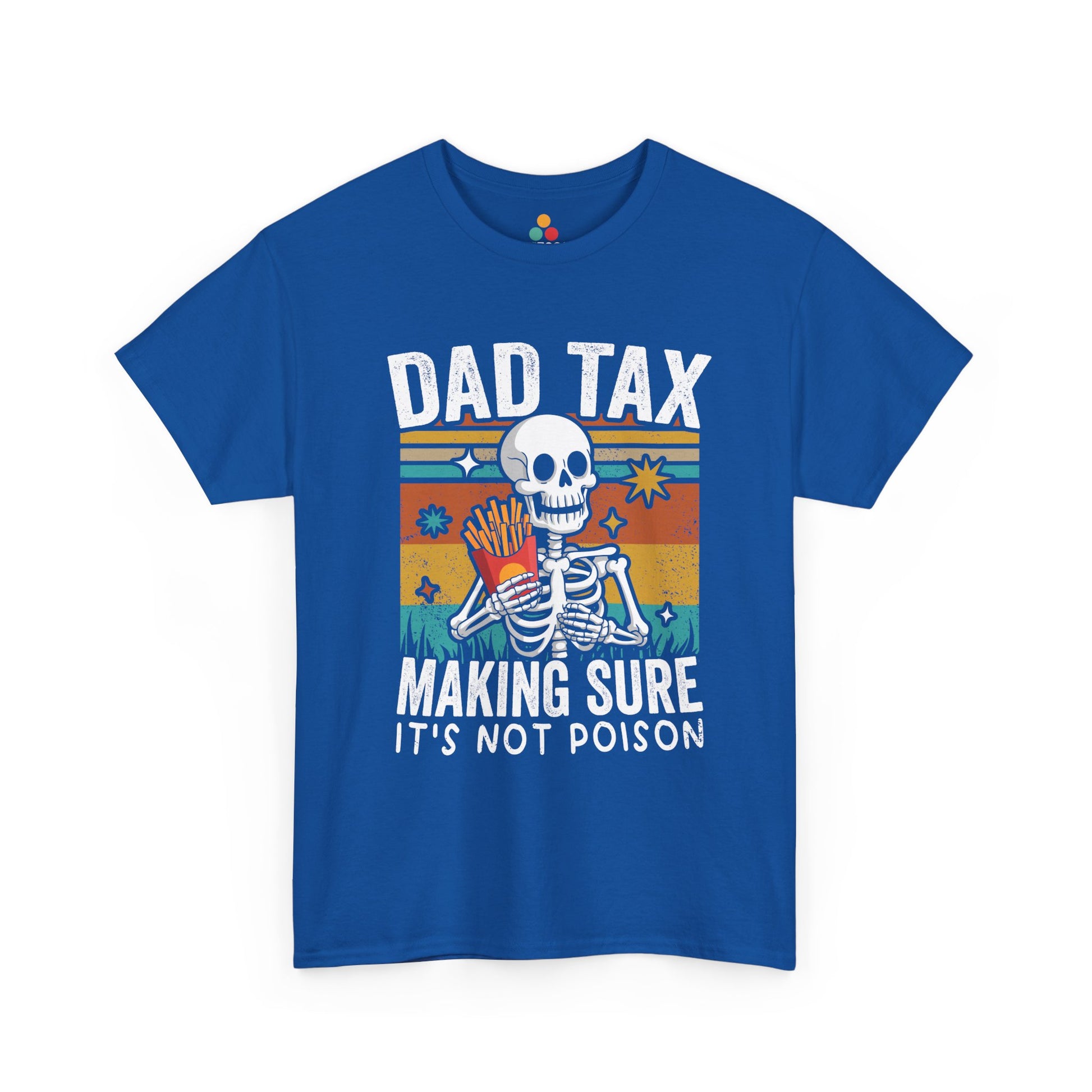"Dad Tax skeleton retro sunset graphic on royal blue t-shirt, front view"​​
