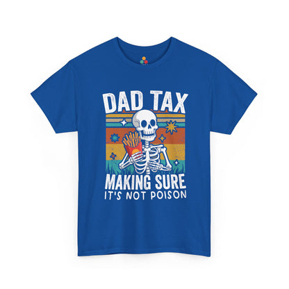 "Dad Tax skeleton retro sunset graphic on royal blue t-shirt, front view"​​
