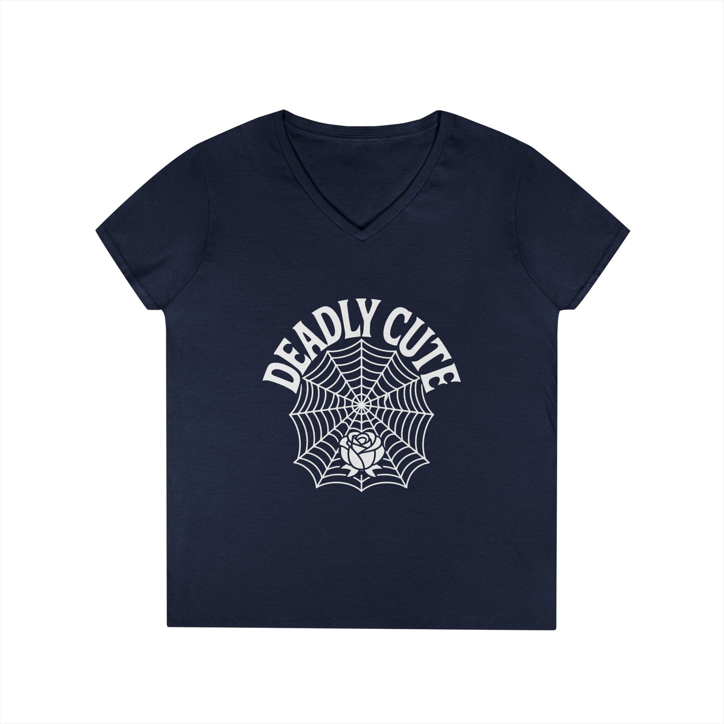 Deadly Cute Spiderweb Rose Ladies’ V-Neck T-Shirt Gothic Design | TEEZOCA 
