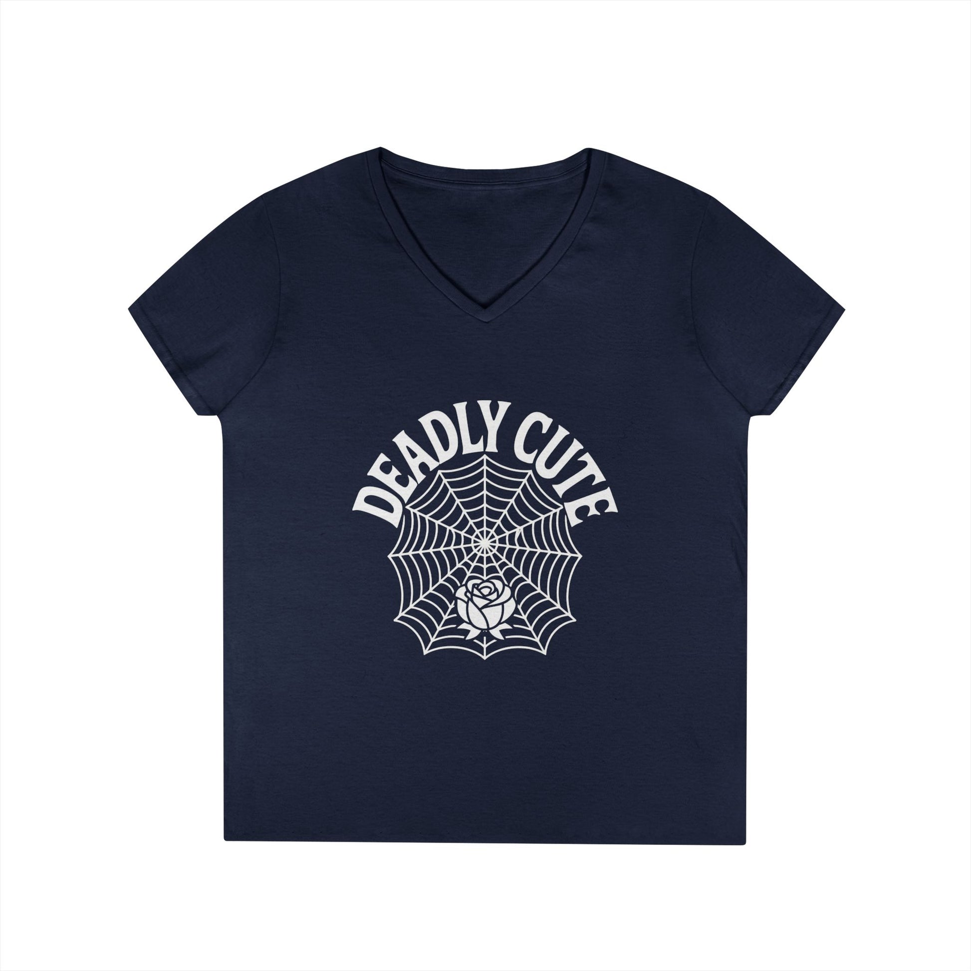 Deadly Cute Spiderweb Rose Ladies’ V-Neck T-Shirt Gothic Design | TEEZOCA 
