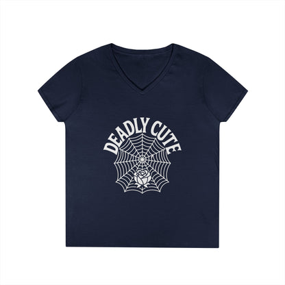 Deadly Cute Spiderweb Rose Ladies’ V-Neck T-Shirt Gothic Design | TEEZOCA 