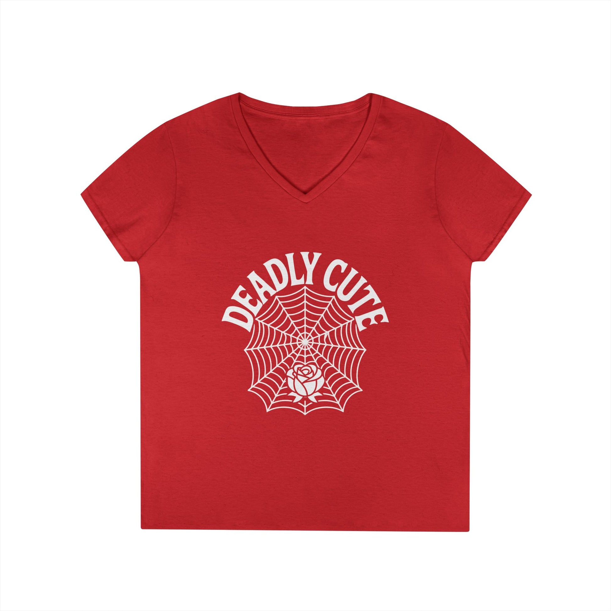 Deadly Cute Spiderweb Rose Ladies’ V-Neck T-Shirt Gothic Design | TEEZOCA 