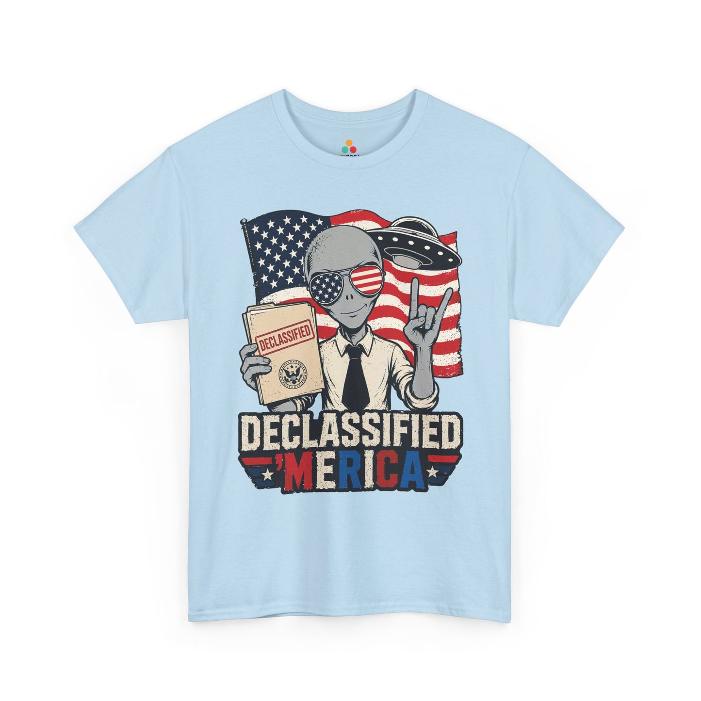 Declassified alien shirt T-shirt from TEEZOCA with UFO humor, American flag background, and funny patriotic details.
