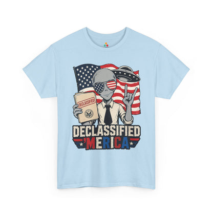 Declassified alien shirt T-shirt from TEEZOCA with UFO humor, American flag background, and funny patriotic details.
