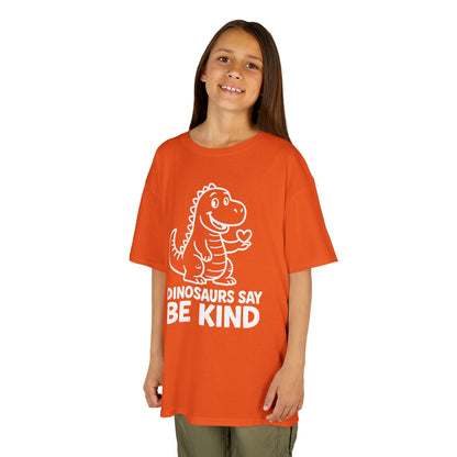Dinosaurs Say Be Kind Orange Unity Day Kids T-shirt | TEEZOCA friendly dinosaur anti-bullying message Kids T-shirt