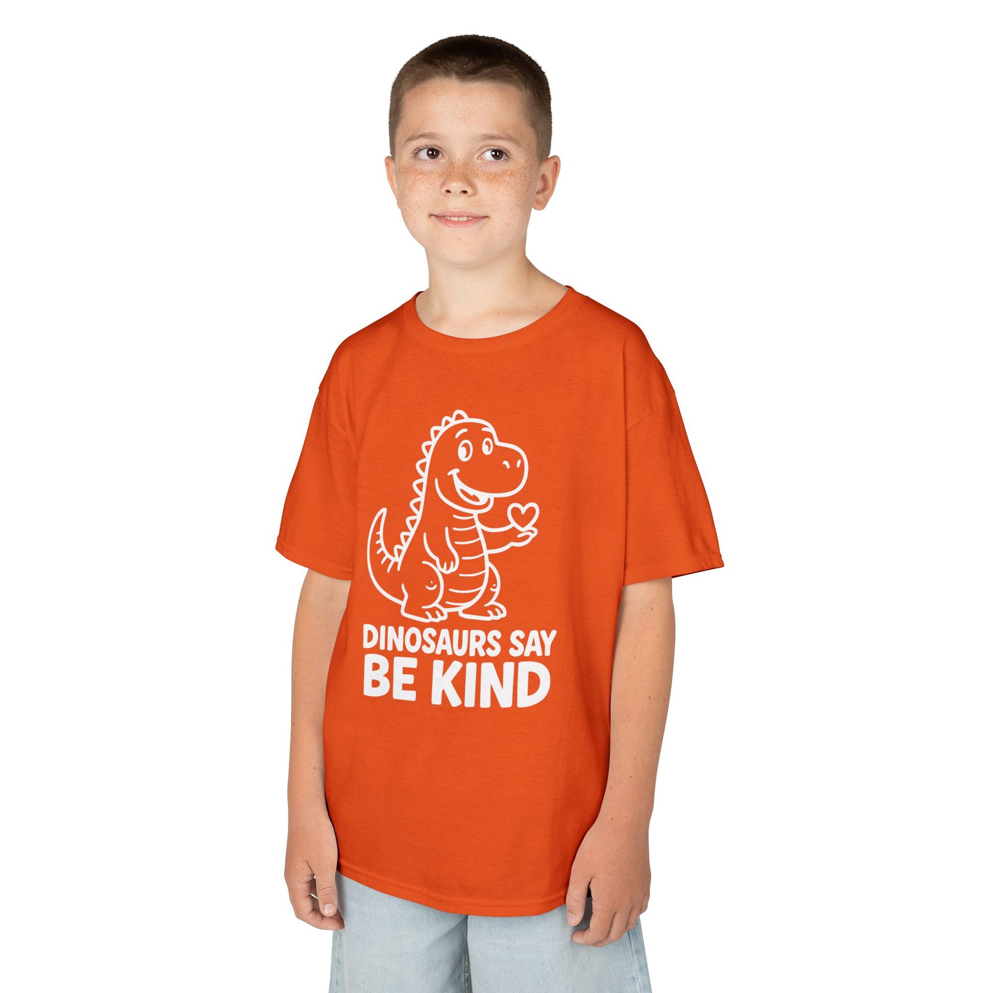 Dinosaurs Say Be Kind Orange Unity Day Kids T-shirt | TEEZOCA orange Unity Day dinosaur be kind graphic Kids T-shirt
