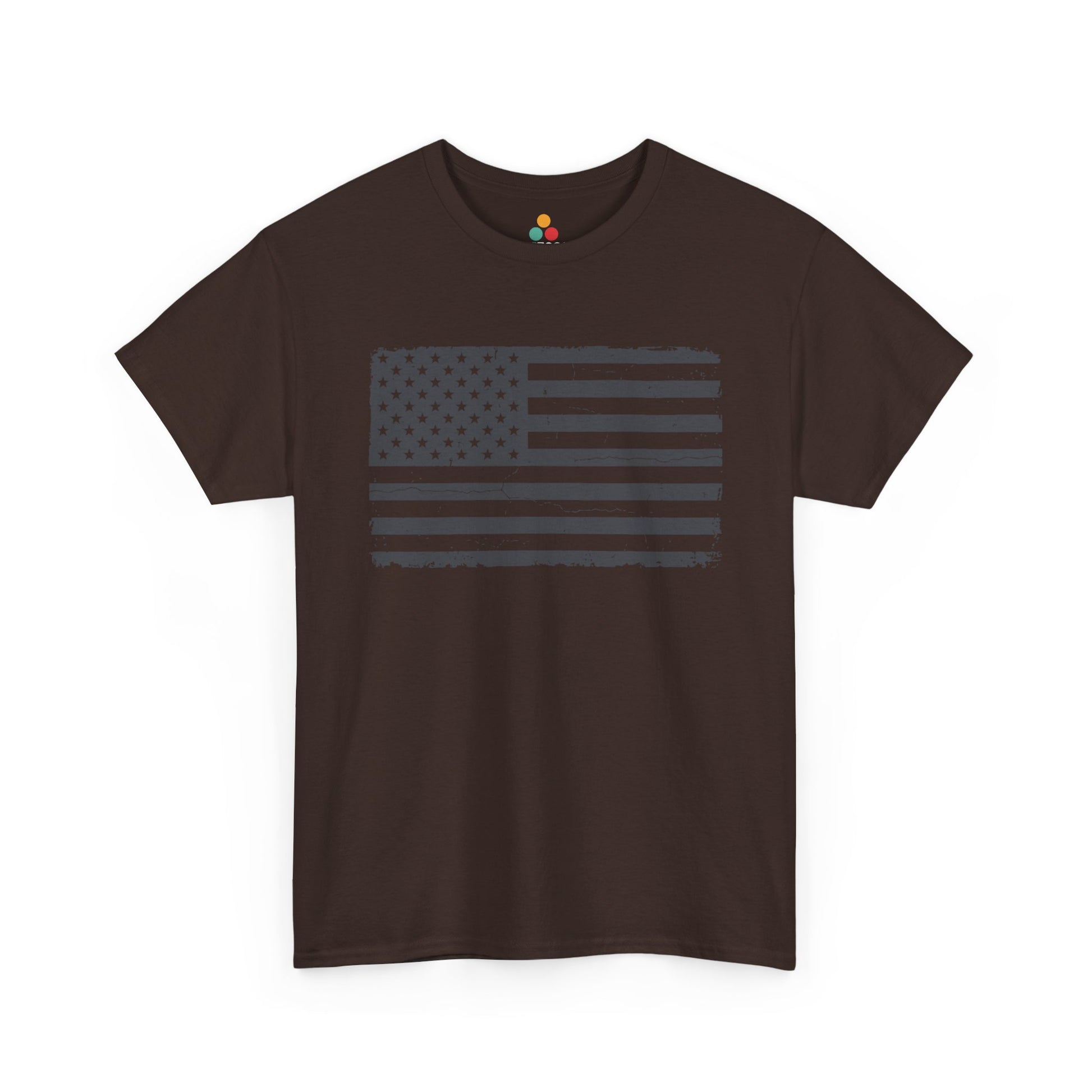 Distressed American Flag dark chocolate brown T-Shirt – Vintage Patriotic Gift for Men and Women | TEEZOCA 