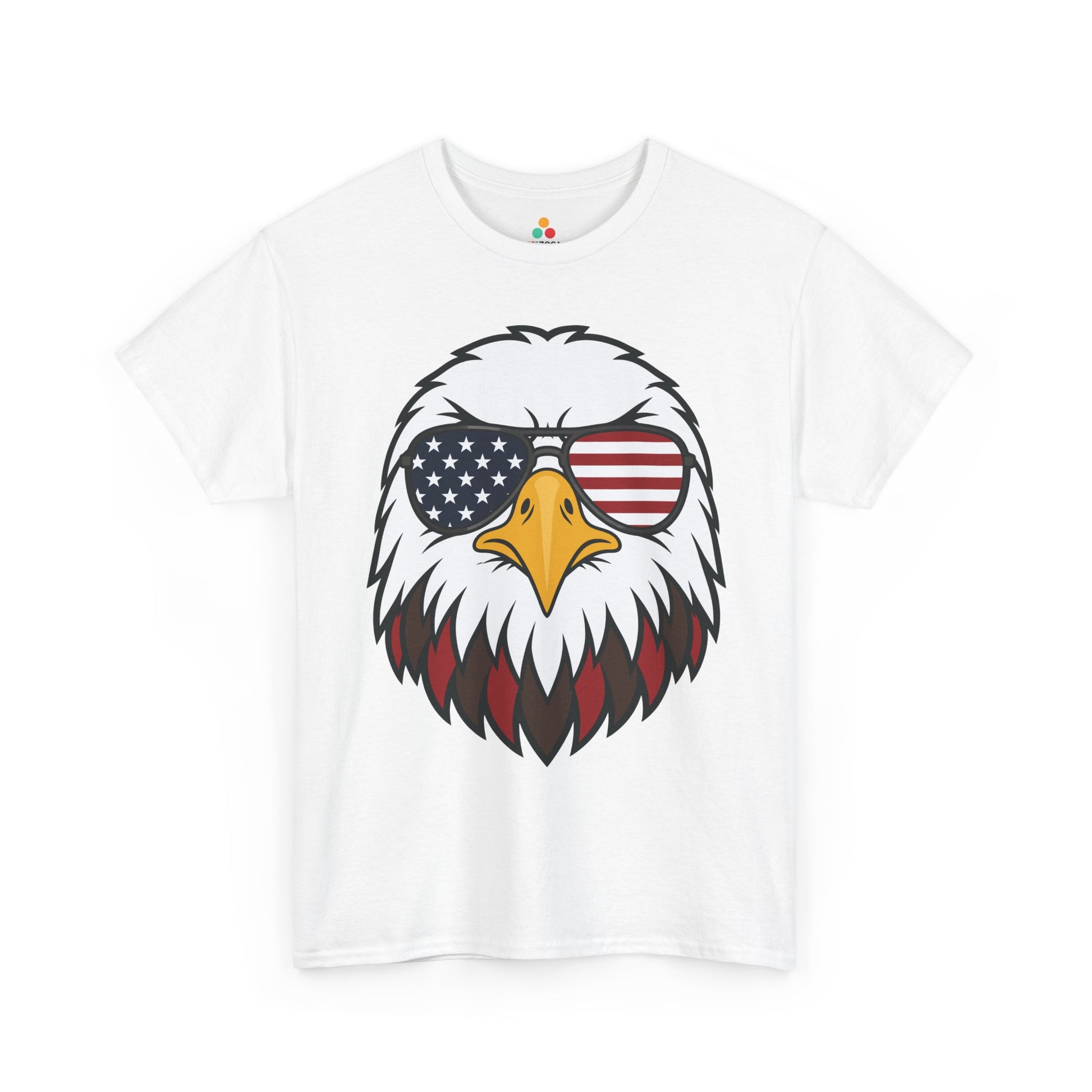 Eagle American Flag Shirt Bald Eagle Sunglasses T-shirt Gift | TEEZOCA 4th of July T-shirt with american flag and eagle shirt artwork, aviator shades, stars, stripes, and fierce eagle face.
