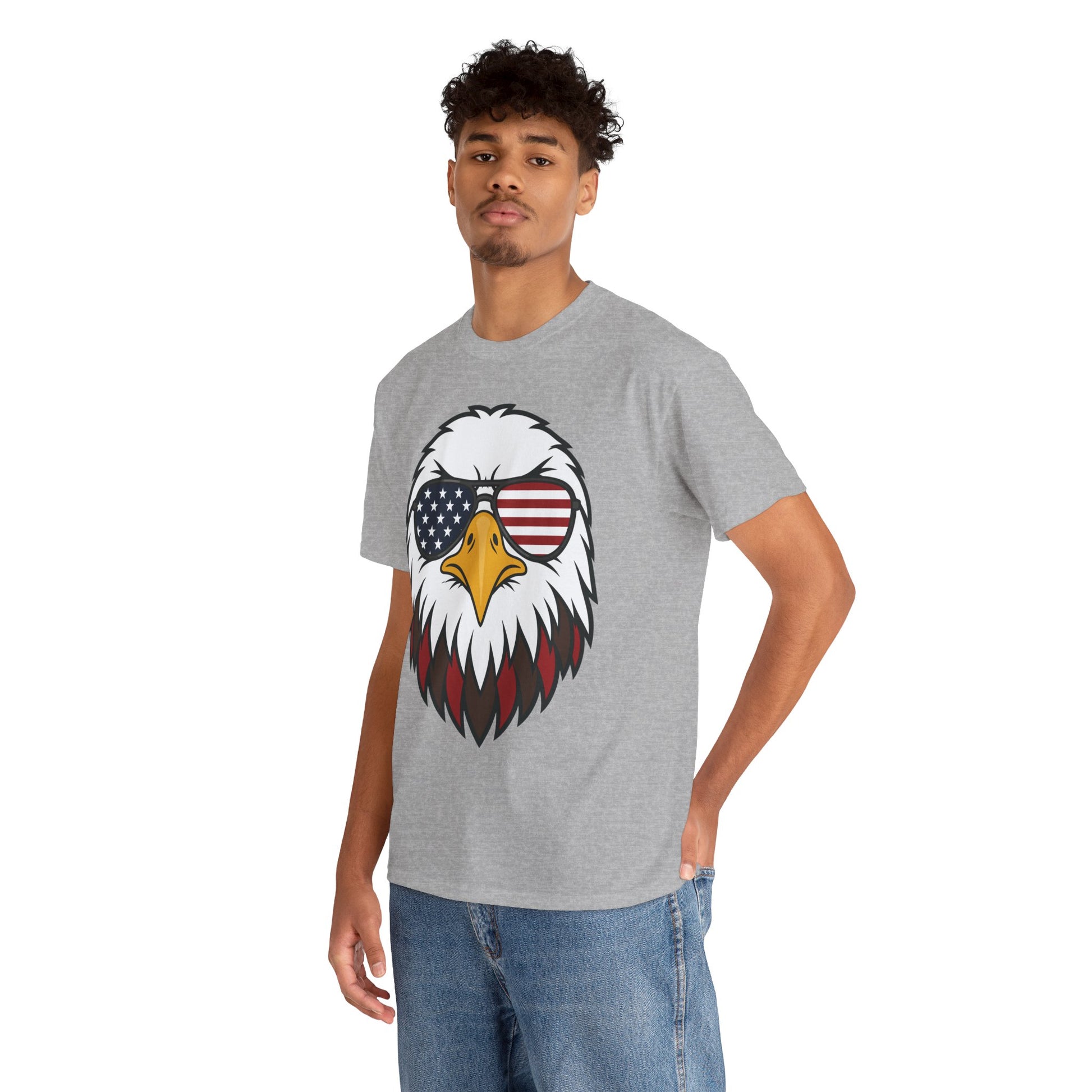 Eagle American Flag Shirt Bald Eagle Sunglasses T-shirt Gift | TEEZOCA eagle american flag shirt T-shirt with bald eagle close-up, aviator sunglasses, flag stars, and red stripe lens artwork.
