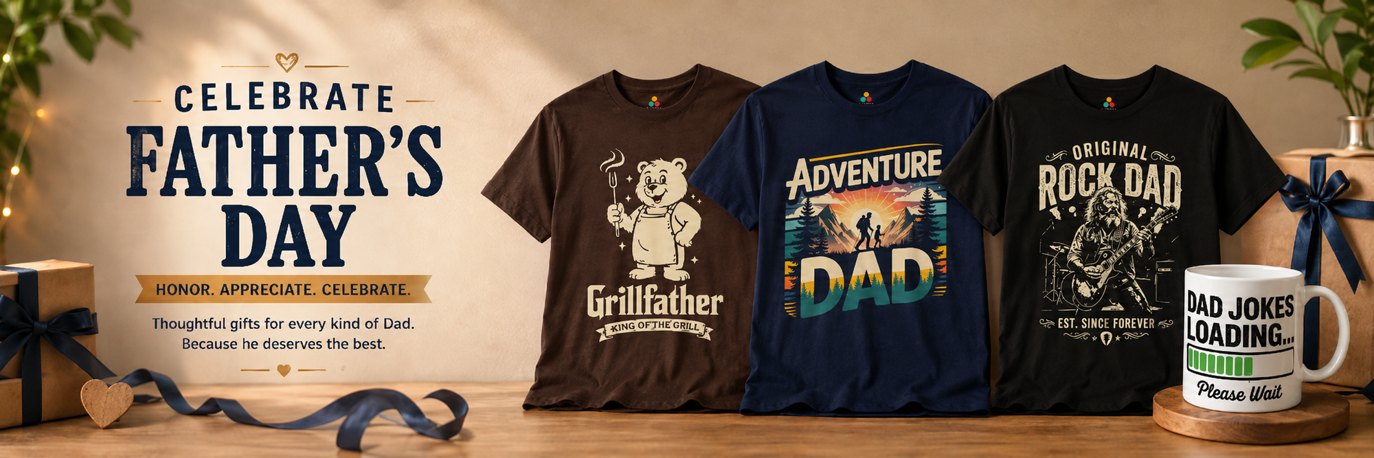 Father’s Day homepage banner featuring Grillfather, Adventure Dad, Rock Dad graphic t-shirts, and a Dad Jokes mug styled as thoughtful gifts for dads.
