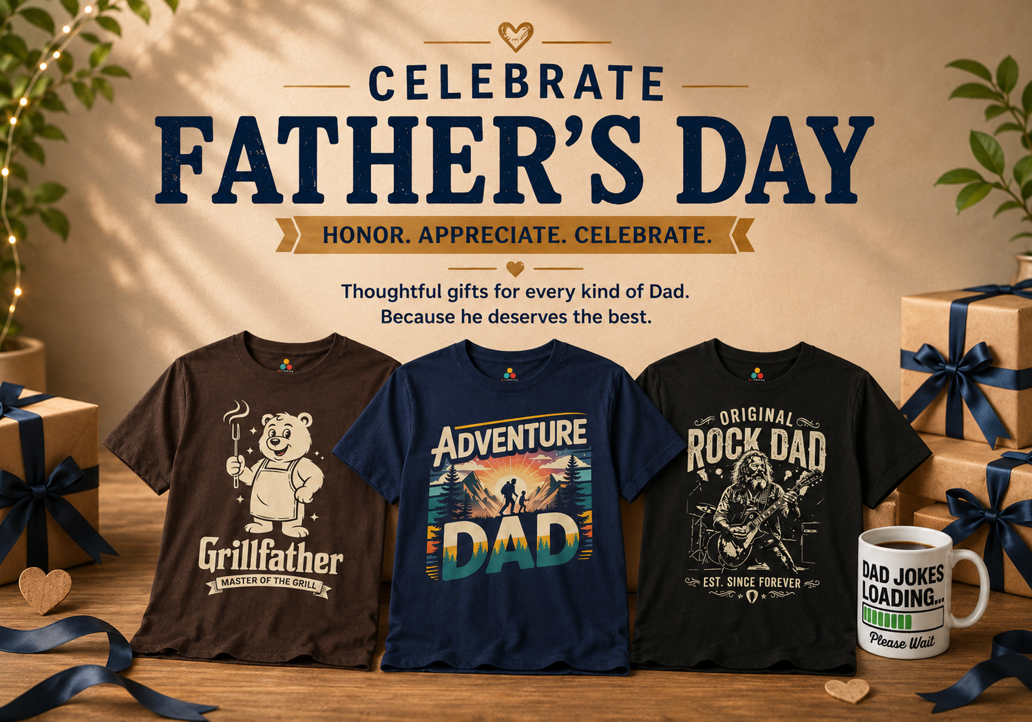 Father’s Day mobile banner featuring dad graphic t-shirts, a dad jokes mug, gift boxes, and warm Father’s Day gift styling for TEEZOCA.
