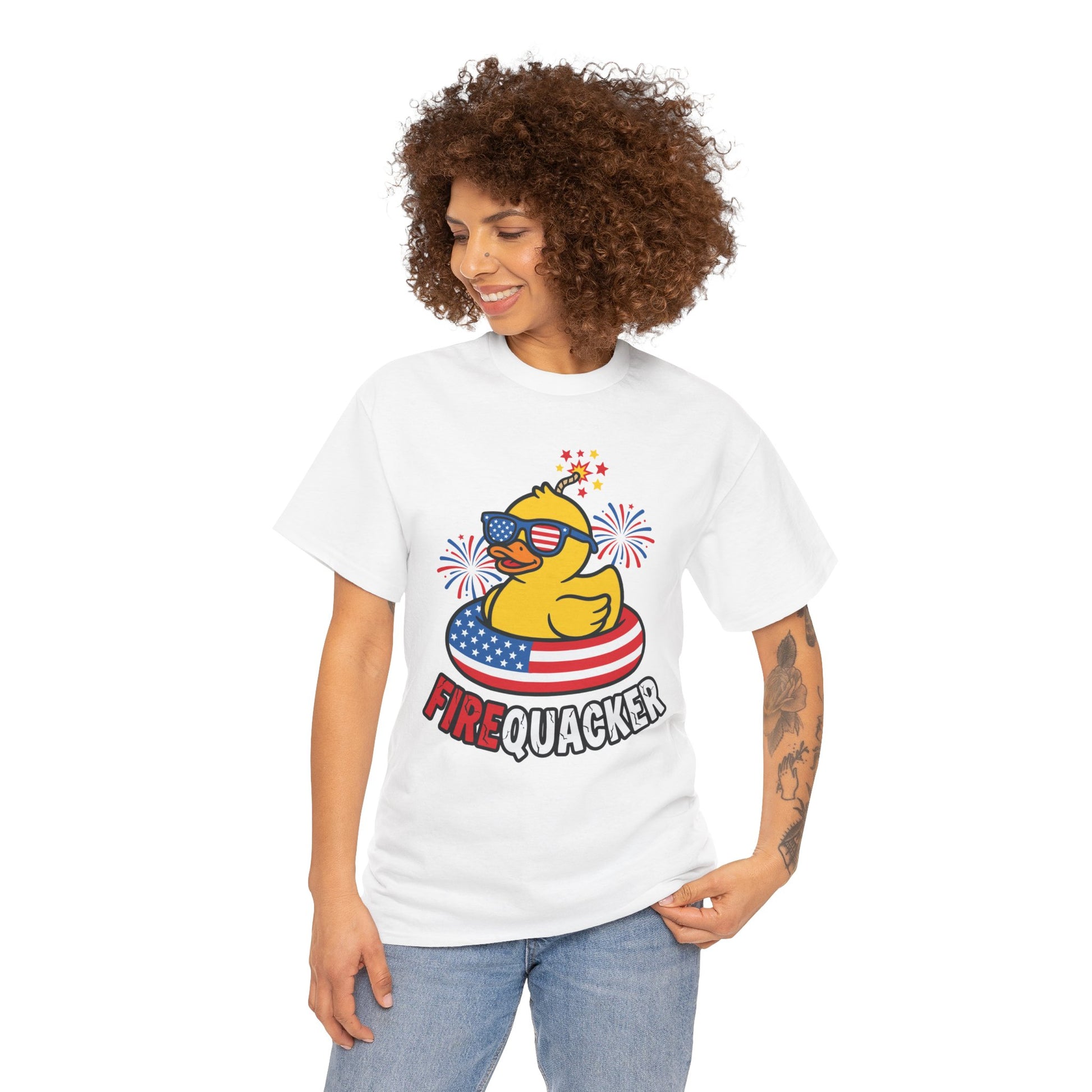 Firequacker shirt with a patriotic rubber duck for 4th of July pool parties, kids, pun lovers, and funny family photos. Cute TEEZOCA gift for summer.
