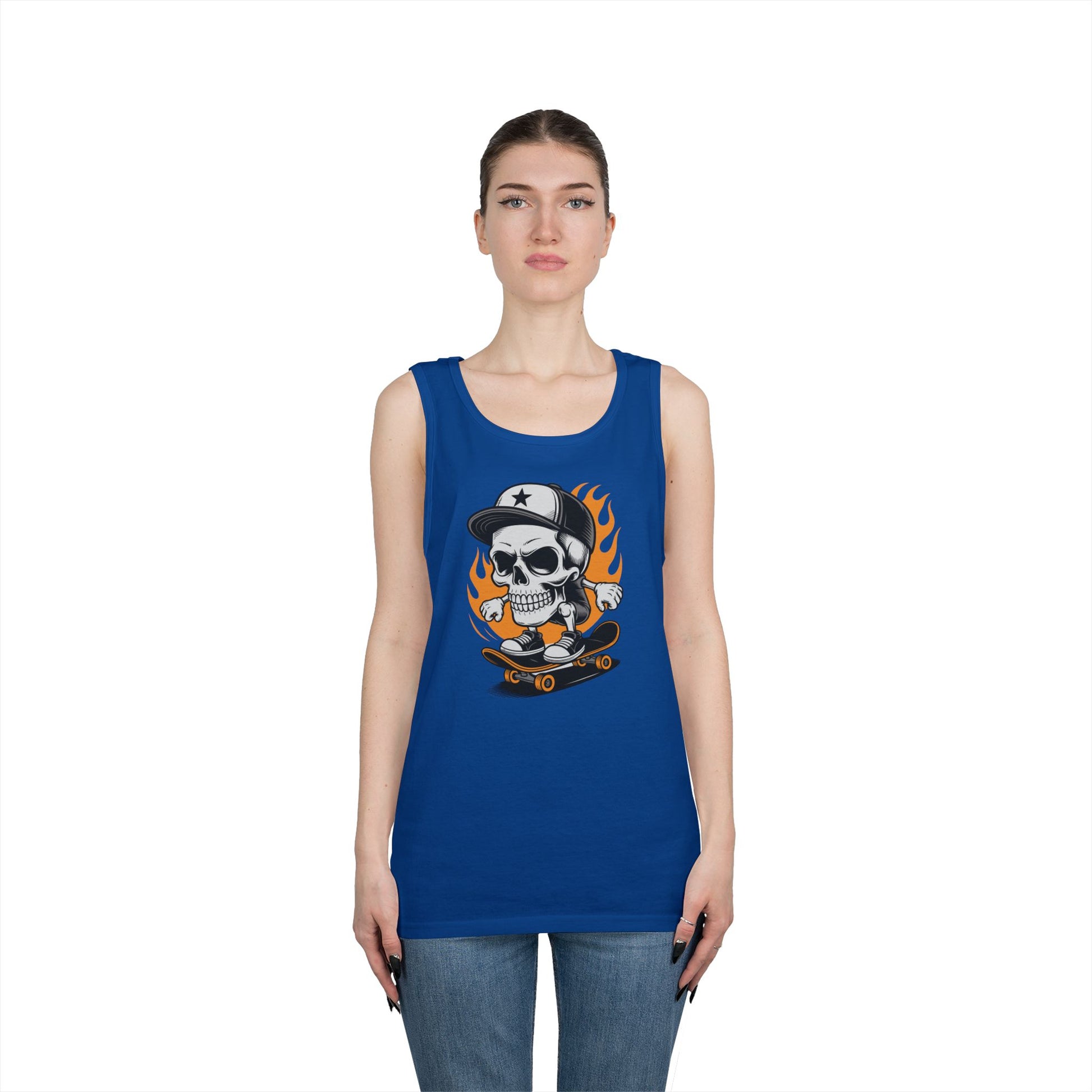Flaming Skate Skull Cartoon Unisex Tank Top for Streetwear Skater Vibes | TEEZOCA 