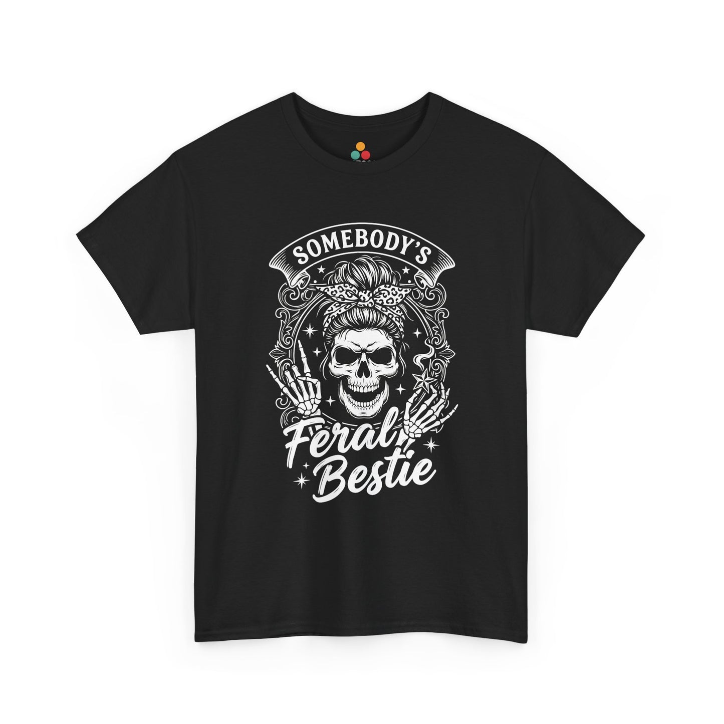 Somebody's Feral Bestie T-Shirt – Edgy Skeleton Messy Bun Graphic Tee | TEEZOCA 