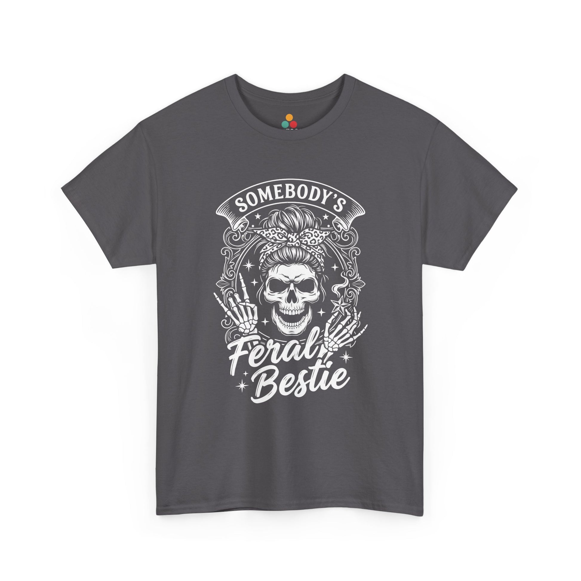 Somebody's Feral Bestie T-Shirt – Edgy Skeleton Messy Bun Graphic Tee | TEEZOCA 