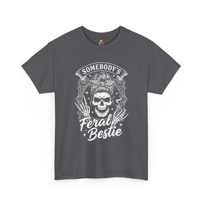 Somebody's Feral Bestie T-Shirt – Edgy Skeleton Messy Bun Graphic Tee | TEEZOCA 