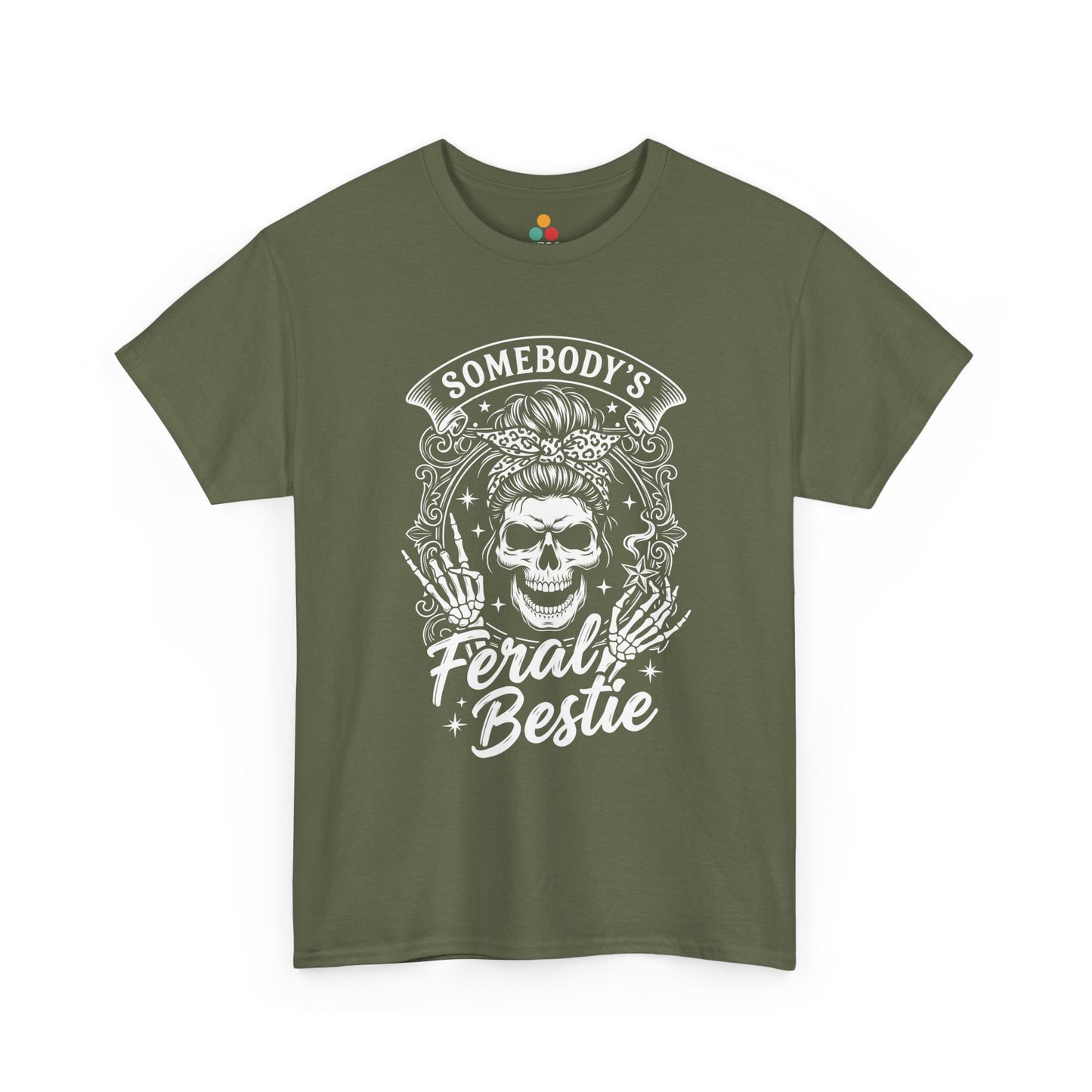 Somebody's Feral Bestie T-Shirt – Edgy Skeleton Messy Bun Graphic Tee | TEEZOCA 