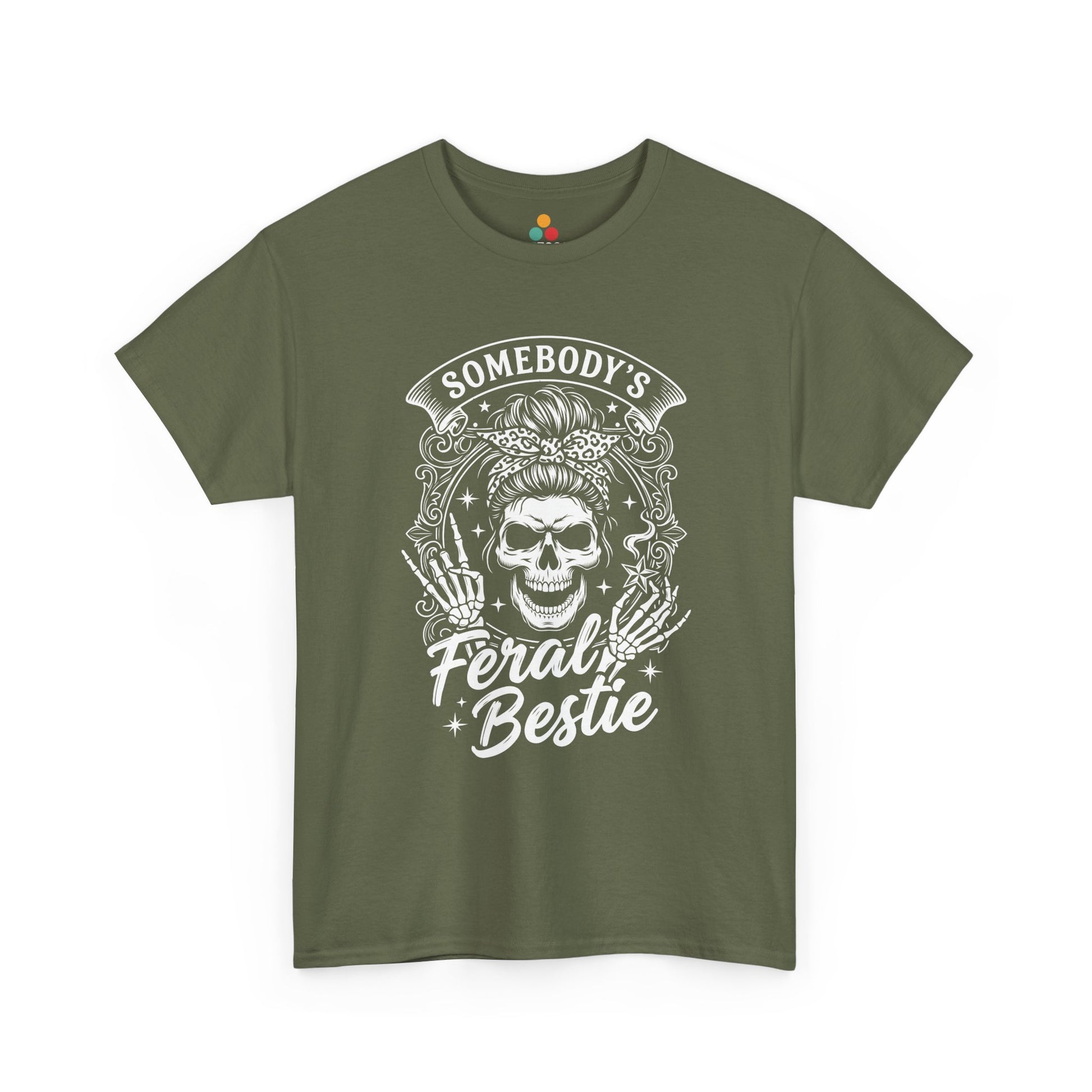 Somebody's Feral Bestie T-Shirt – Edgy Skeleton Messy Bun Graphic Tee | TEEZOCA 