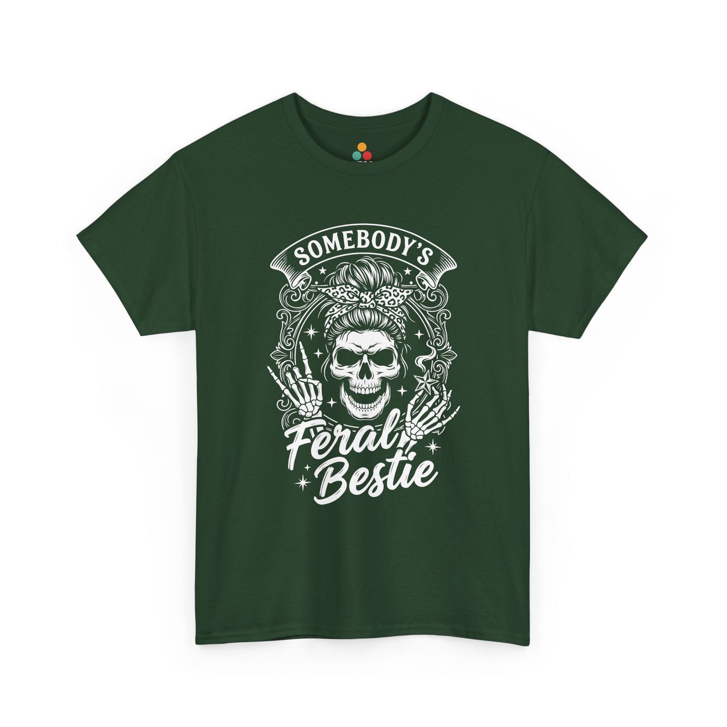 Somebody's Feral Bestie T-Shirt – Edgy Skeleton Messy Bun Graphic Tee | TEEZOCA 