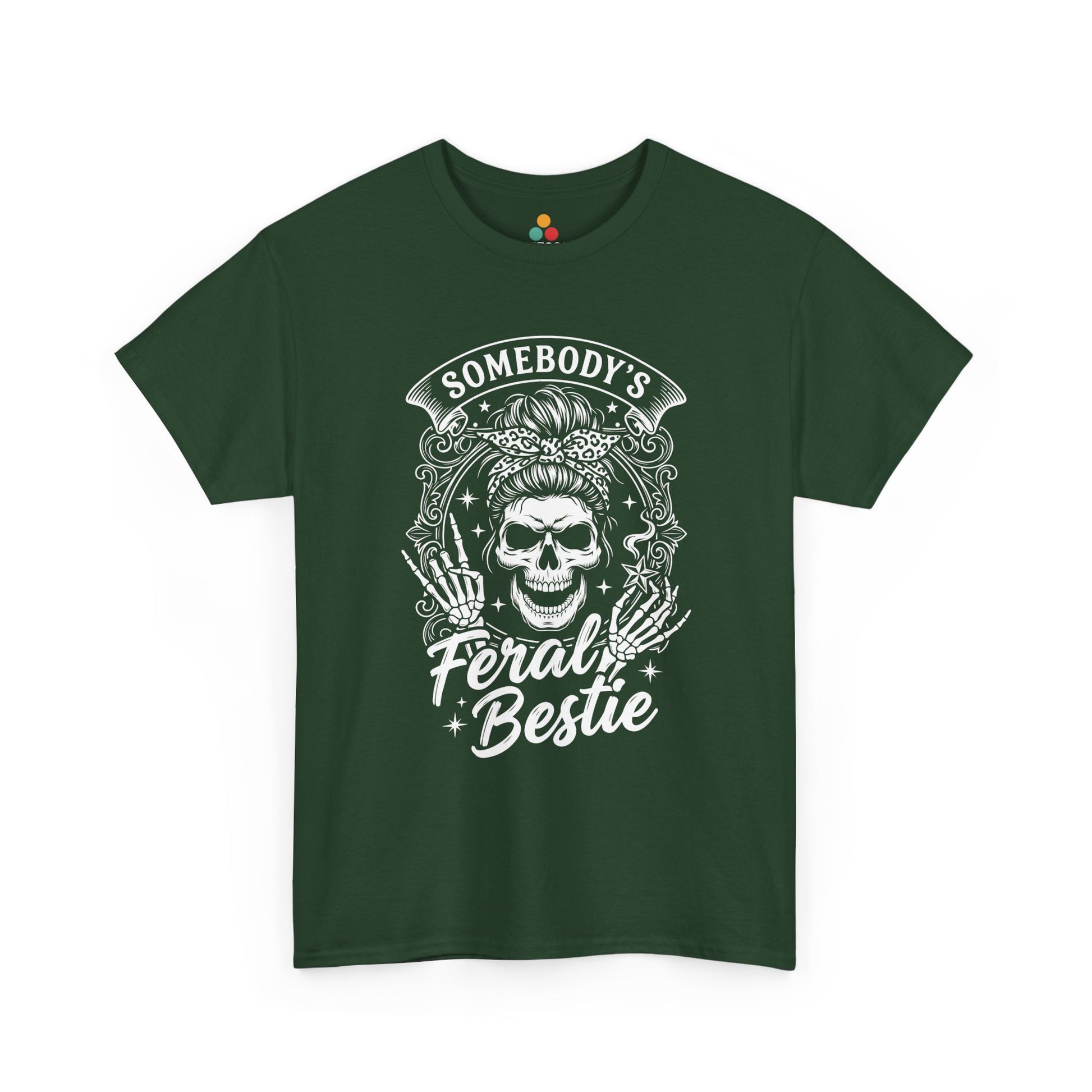 Somebody's Feral Bestie T-Shirt – Edgy Skeleton Messy Bun Graphic Tee | TEEZOCA 