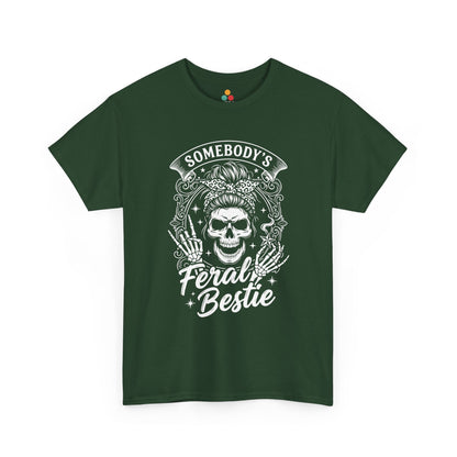 Somebody's Feral Bestie T-Shirt – Edgy Skeleton Messy Bun Graphic Tee | TEEZOCA 