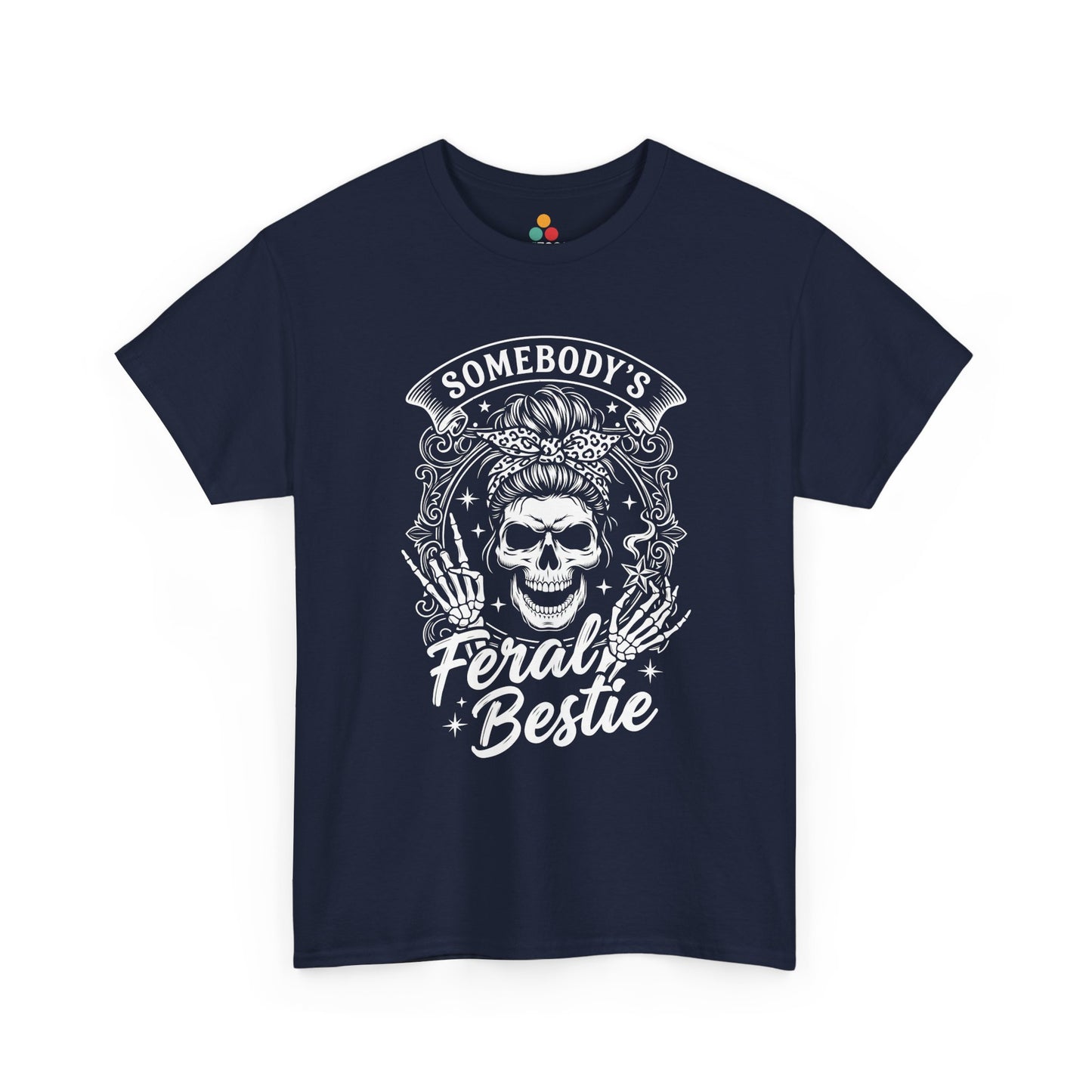 Somebody's Feral Bestie T-Shirt – Edgy Skeleton Messy Bun Graphic Tee | TEEZOCA 