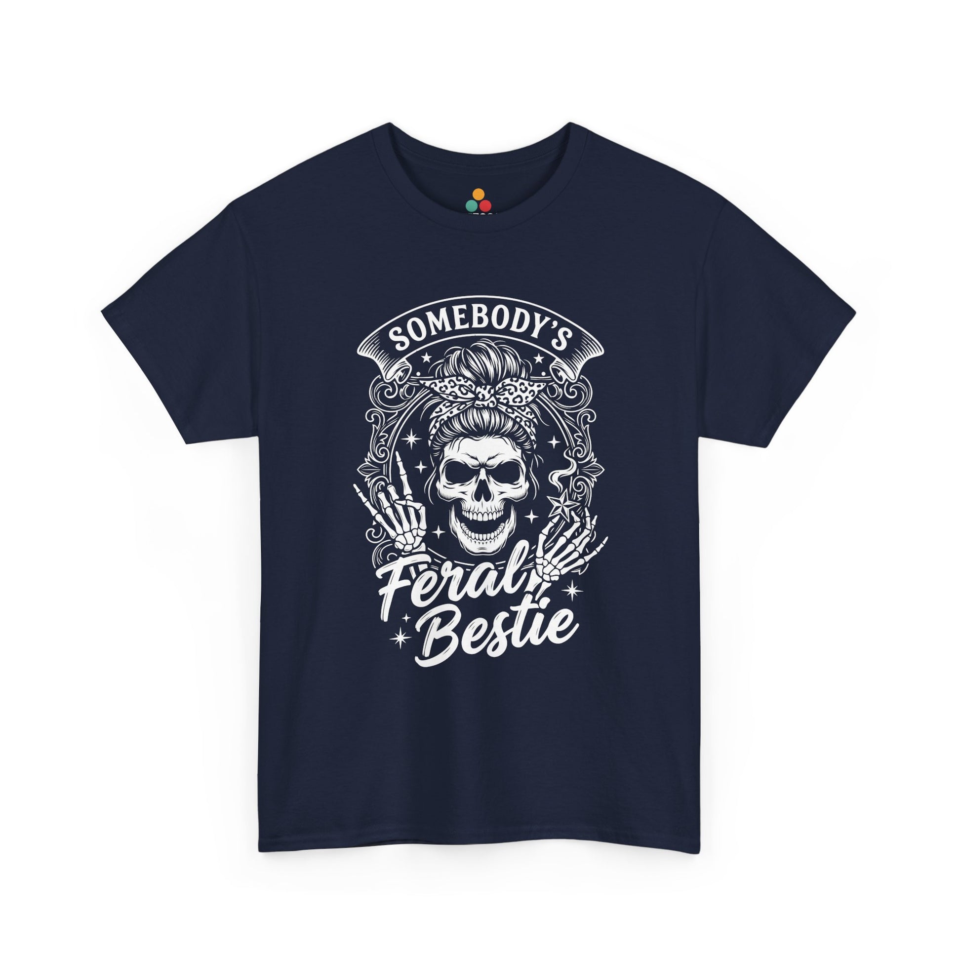 Somebody's Feral Bestie T-Shirt – Edgy Skeleton Messy Bun Graphic Tee | TEEZOCA 