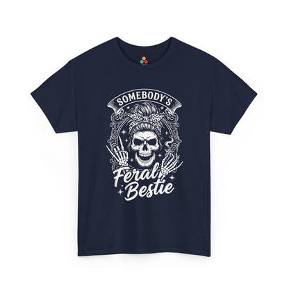 Somebody's Feral Bestie T-Shirt – Edgy Skeleton Messy Bun Graphic Tee | TEEZOCA 