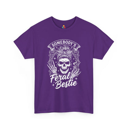 Somebody's Feral Bestie T-Shirt – Edgy Skeleton Messy Bun Graphic Tee | TEEZOCA 