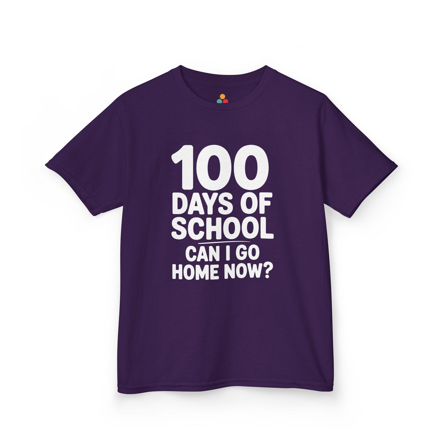 Flat lay of a Purple TEEZOCA “100 Days Of School Can I Go Home Now?” Kids graphic t‑shirt.