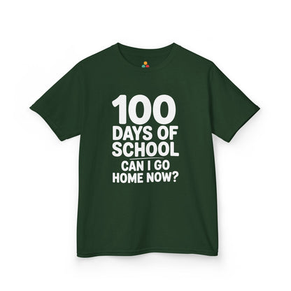 Flat lay of a forest green TEEZOCA “100 Days Of School Can I Go Home Now?” Kids graphic t‑shirt.
