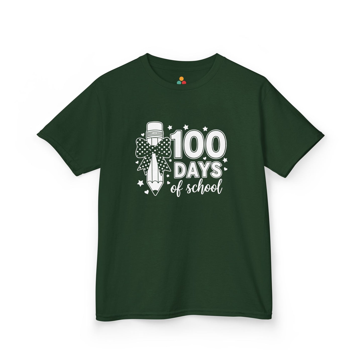 Flat lay of a forest green TEEZOCA “100 Days of School” rainbow pencil graphic t‑shirt.
