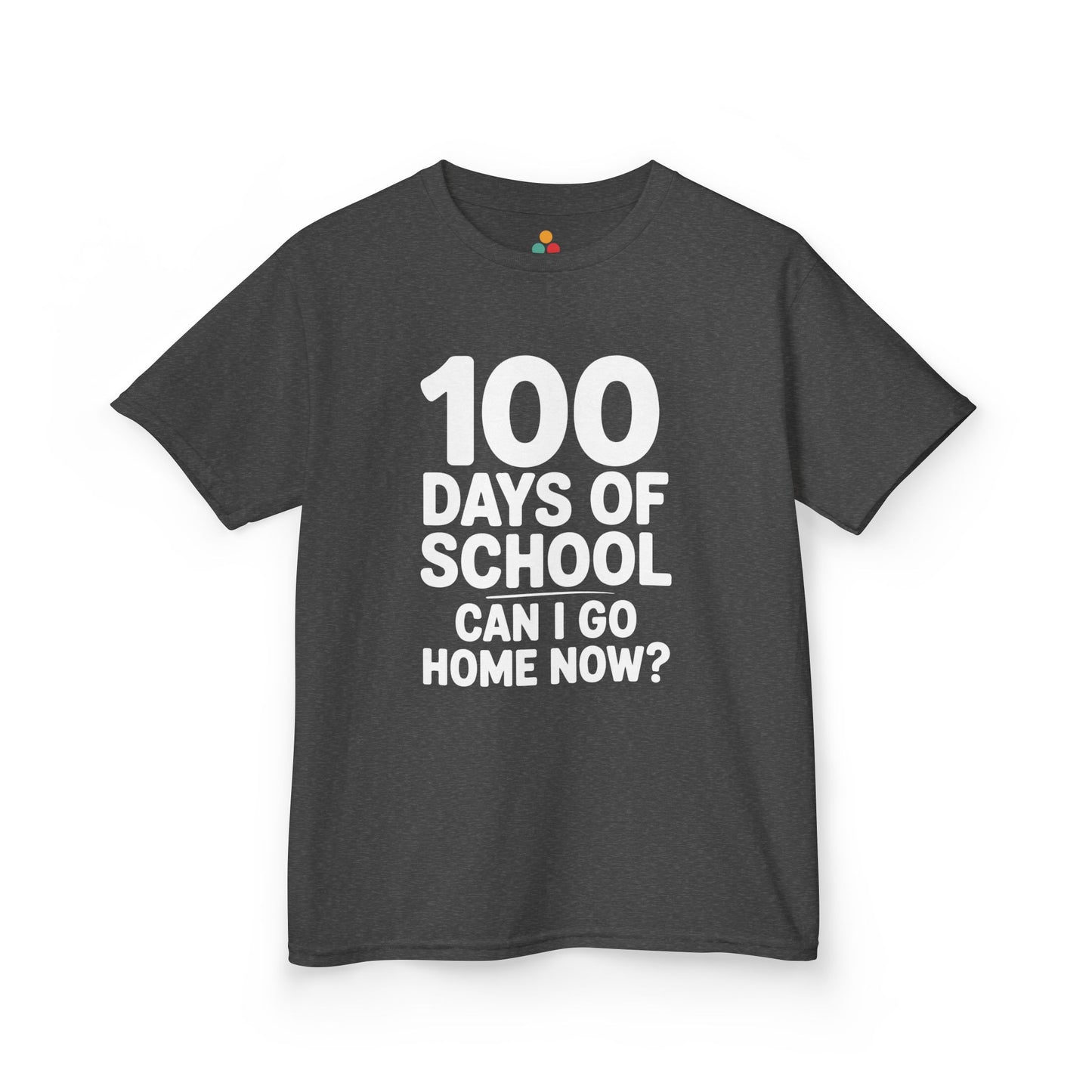 Flat lay of a gray TEEZOCA “100 Days Of School Can I Go Home Now?” Kids graphic t‑shirt.