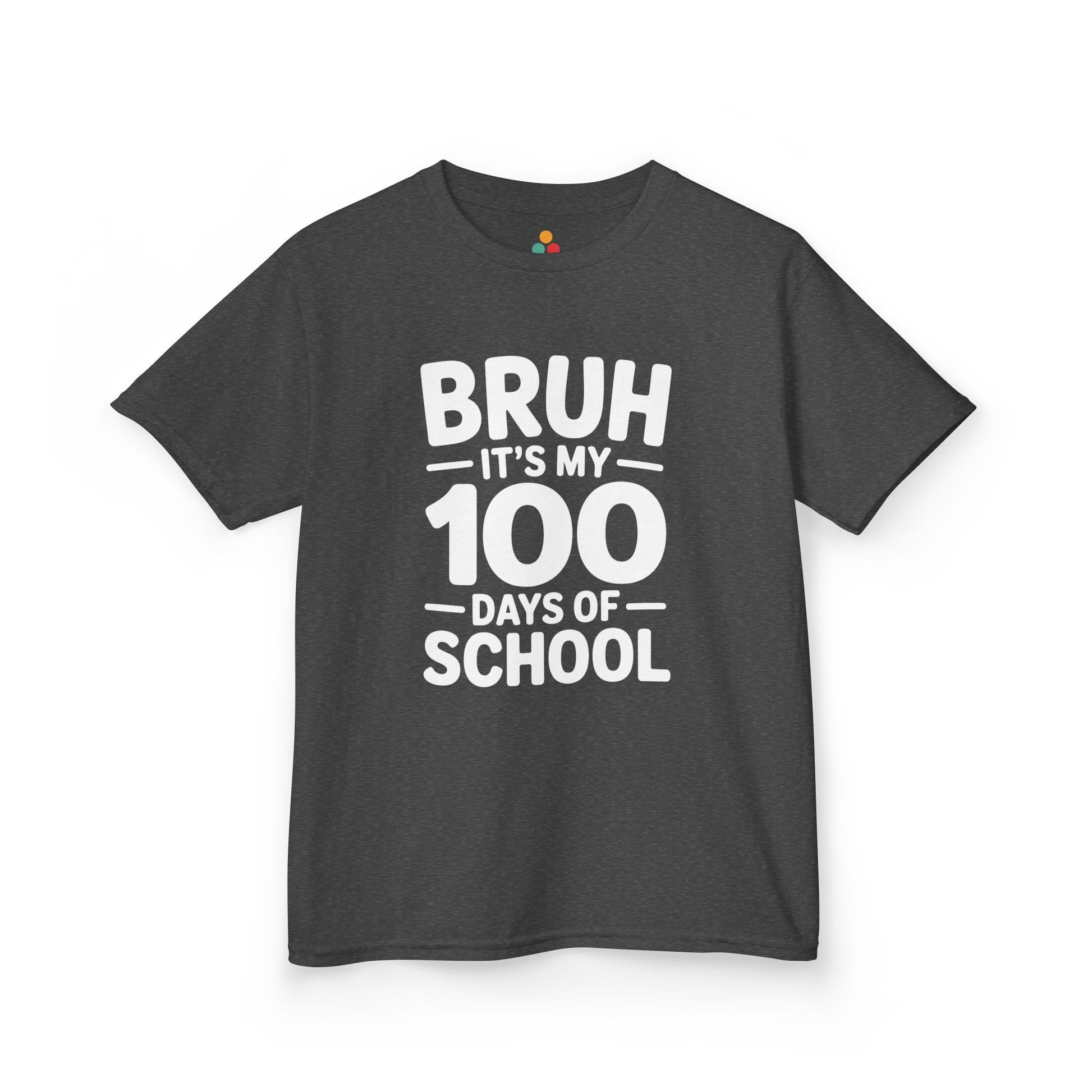 Flat lay of a gray TEEZOCA “Bruh It’s My 100 Days Of School” graphic Kids t‑shirt.