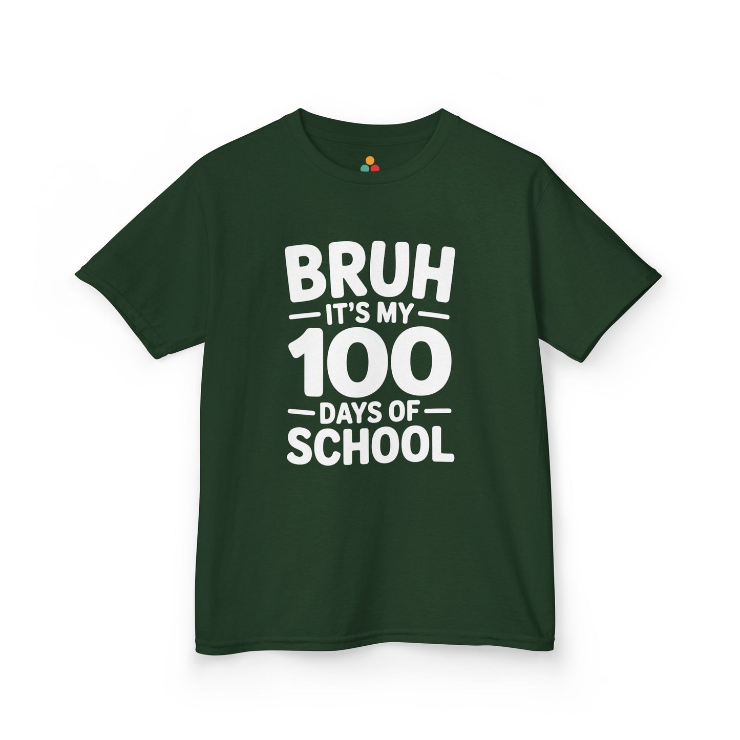 Flat lay of a green TEEZOCA “Bruh It’s My 100 Days Of School” graphic Kids t‑shirt.