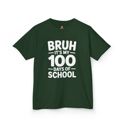 Flat lay of a green TEEZOCA “Bruh It’s My 100 Days Of School” graphic Kids t‑shirt.