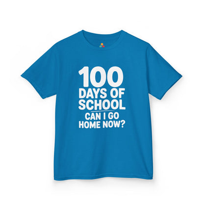 Flat lay of a light blue TEEZOCA “100 Days Of School Can I Go Home Now?” Kids graphic t‑shirt.