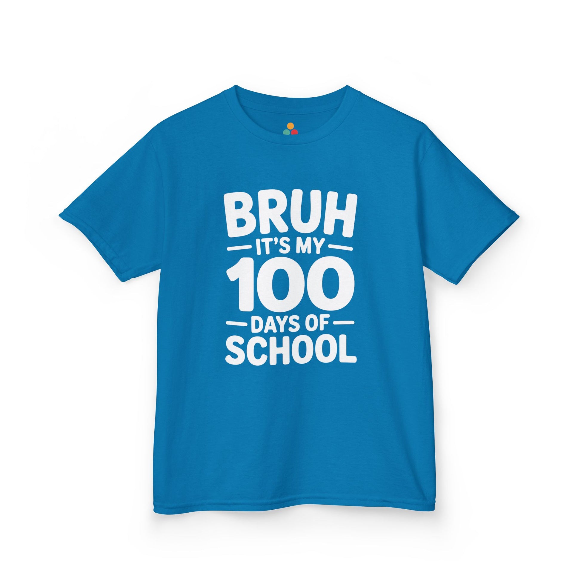 Flat lay of a light blue TEEZOCA “Bruh It’s My 100 Days Of School” graphic Kids t‑shirt.