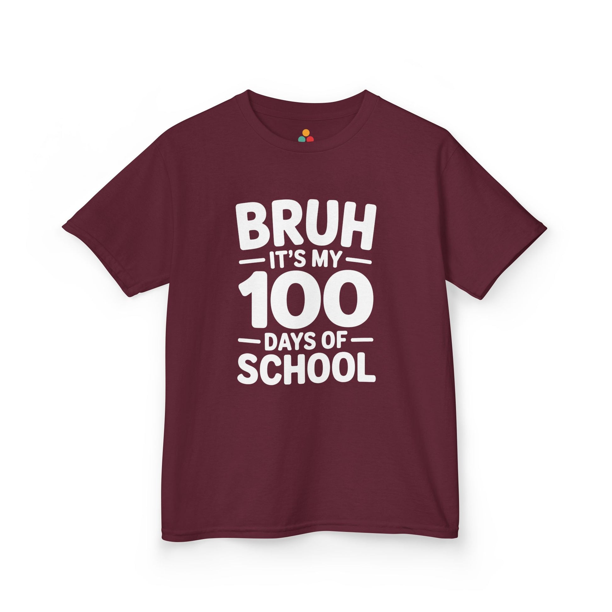 Flat lay of a maroon TEEZOCA “Bruh It’s My 100 Days Of School” graphic Kids t‑shirt.
