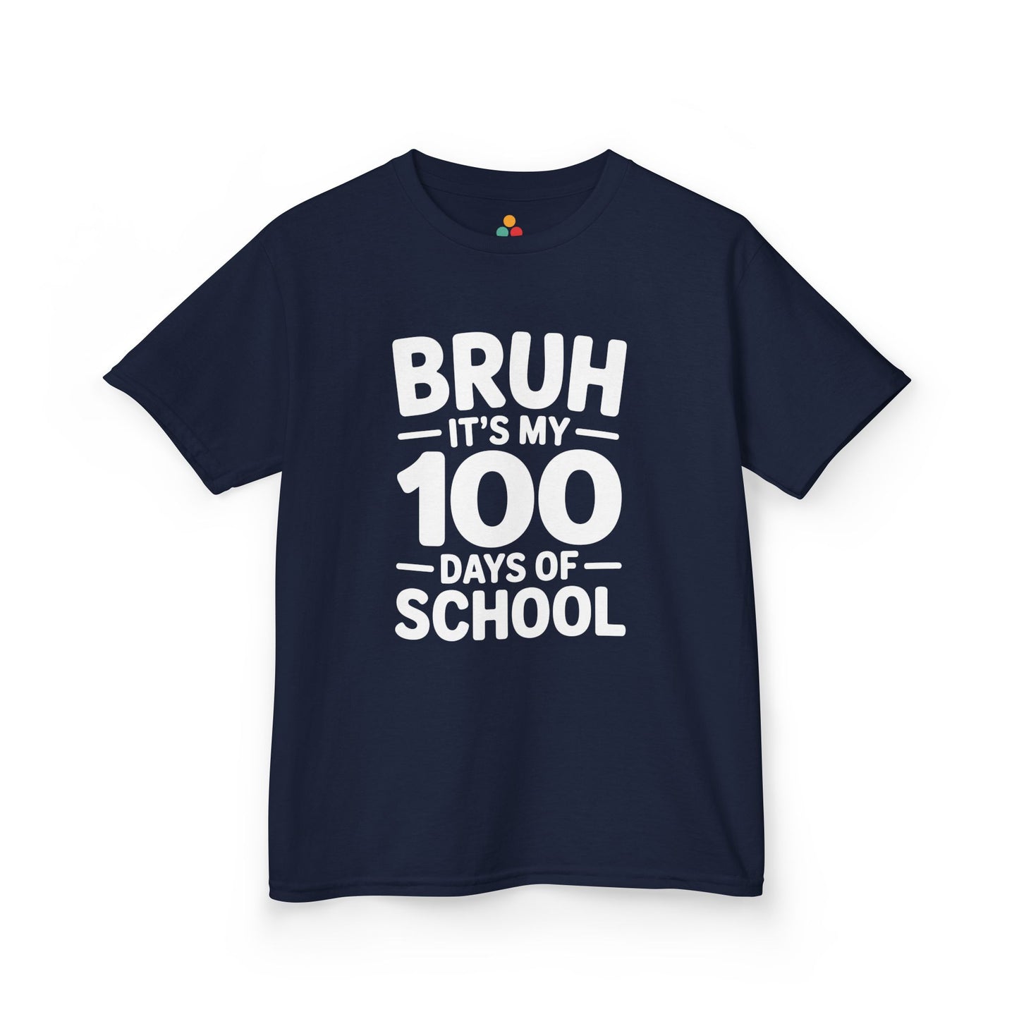 Flat lay of a navy blue TEEZOCA “Bruh It’s My 100 Days Of School” graphic Kids t‑shirt.